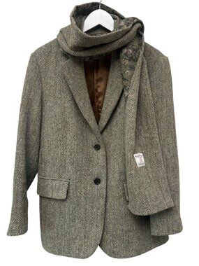 Hazzys Harris Tweed Blazer and Scarf Womens Small (90) Olive Wool Equestrian